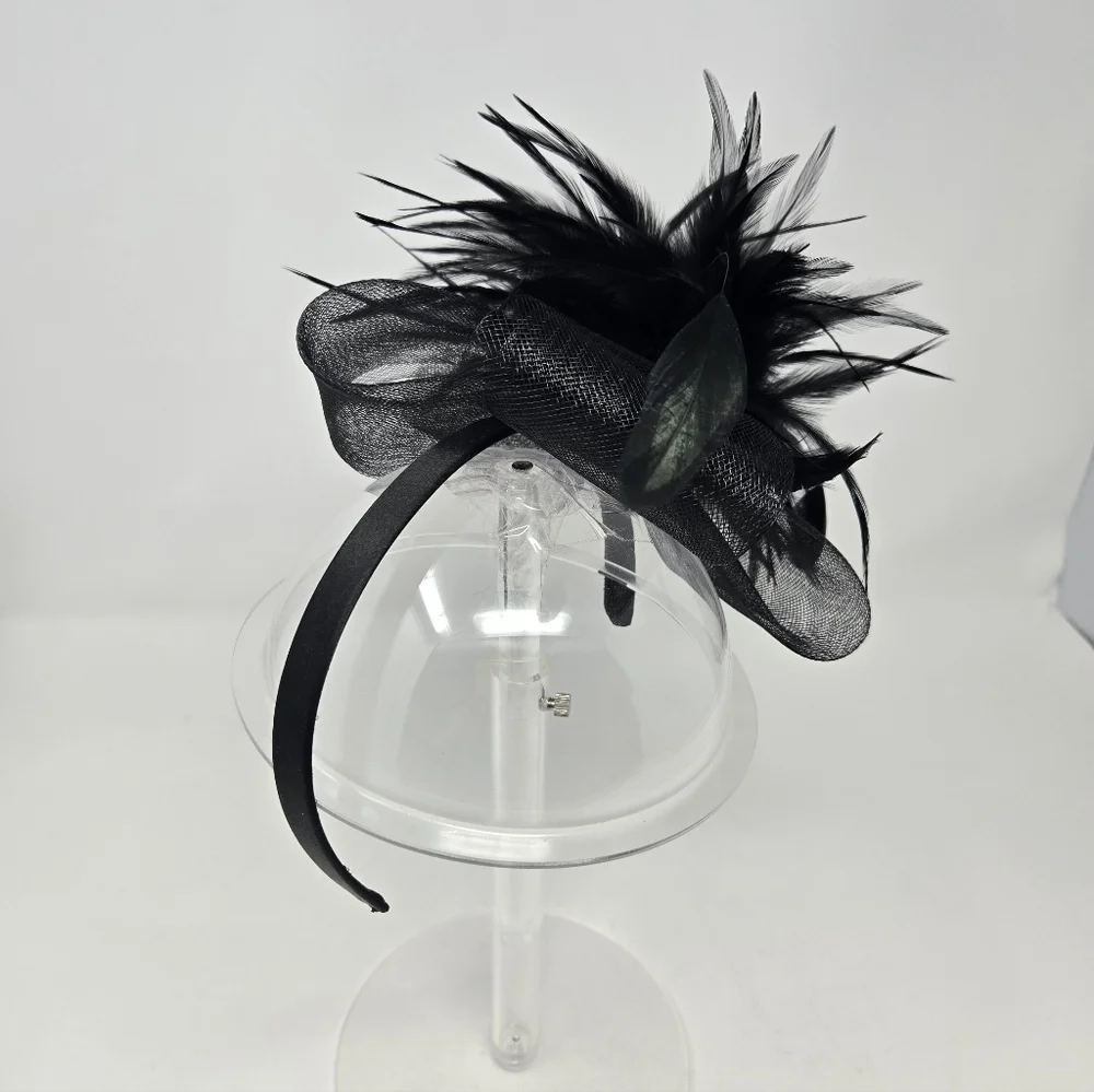 VINTAGE HANDMADE BLACK FASCINATOR HEADBAND HAIR ACCESSORY TULLE FEATHERS WOMEN